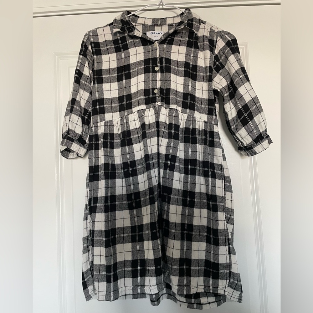 Old Navy Plaid Shirt Dress Girls L 10-12 Casual Collared Black And White